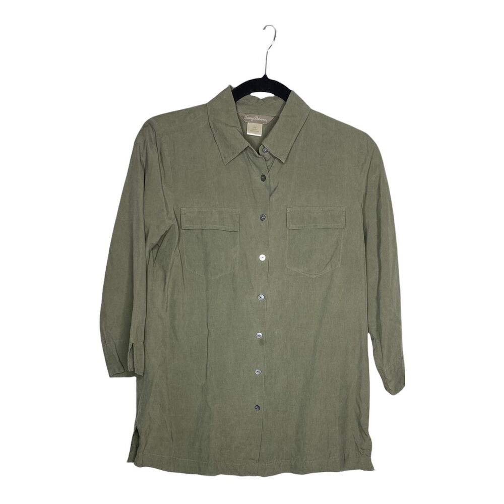 Tommy Bahama Shirt Womens Small Green Silk Button Front Tunic Top 3/4 Sleeve